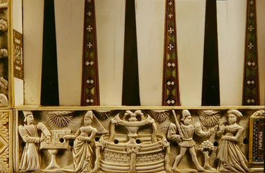 Rand eines Backgammon-Bretts, das Schachspieler und Liebende darstellt, 1415